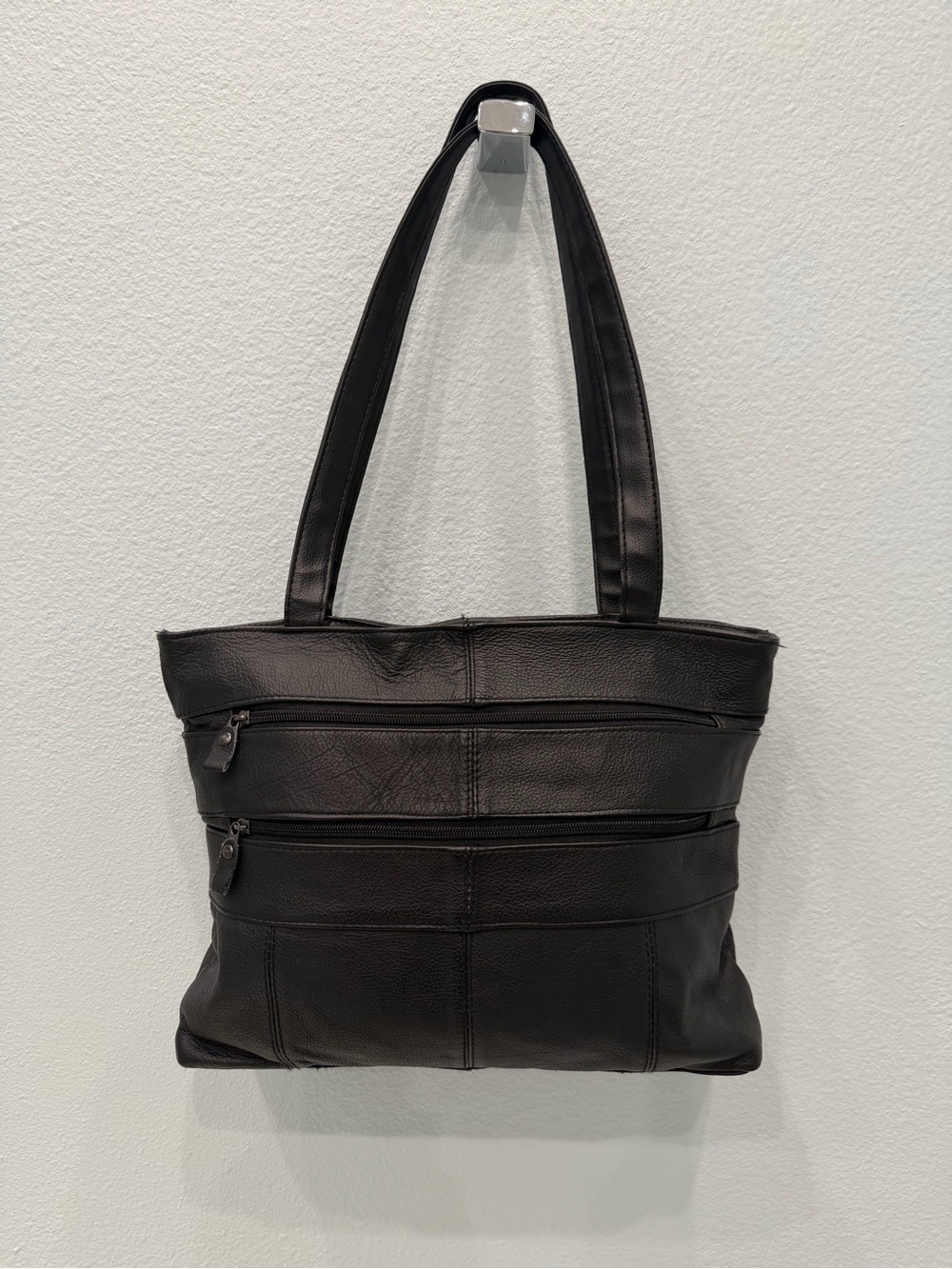 Vintage Black Genuine Patchwork Leather Multi-Pocket Tote Bag 14" Laptop Size